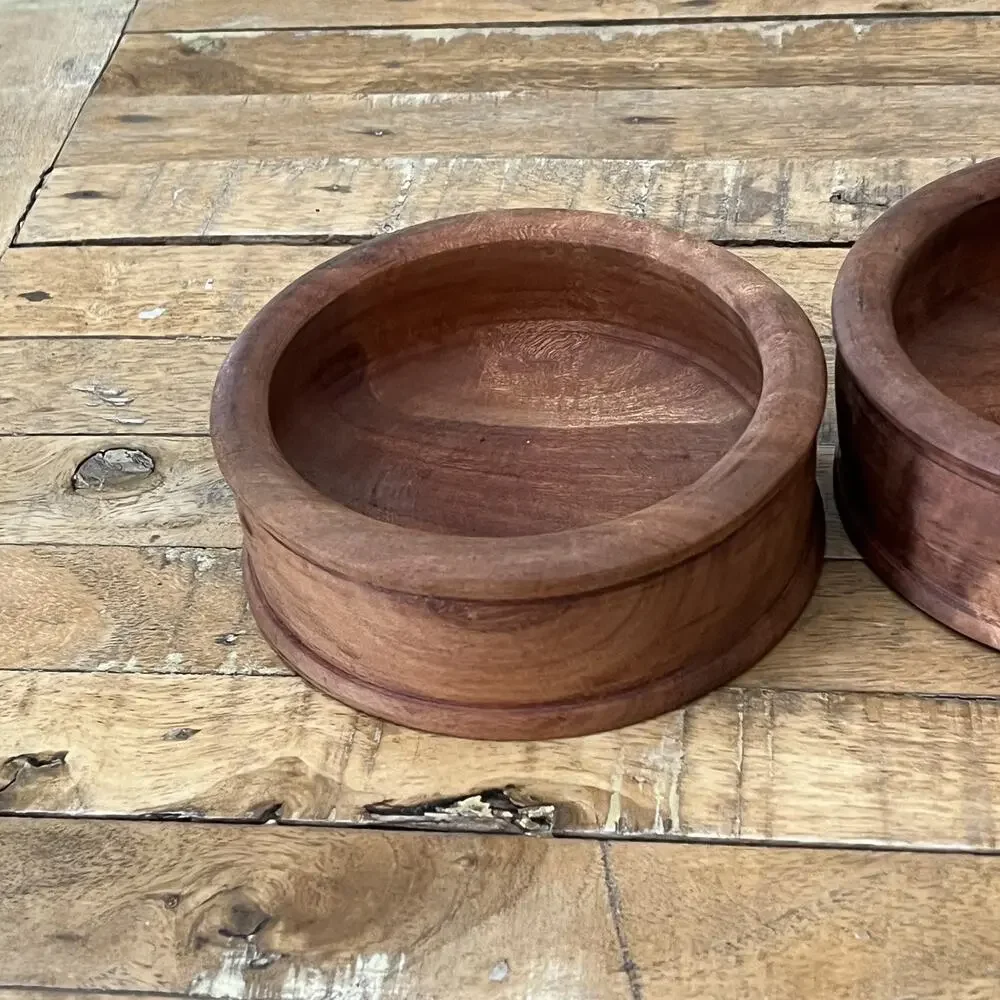 Hand-Turned Rustic Wooden Bowls Set of 2 6 in Teak Wood